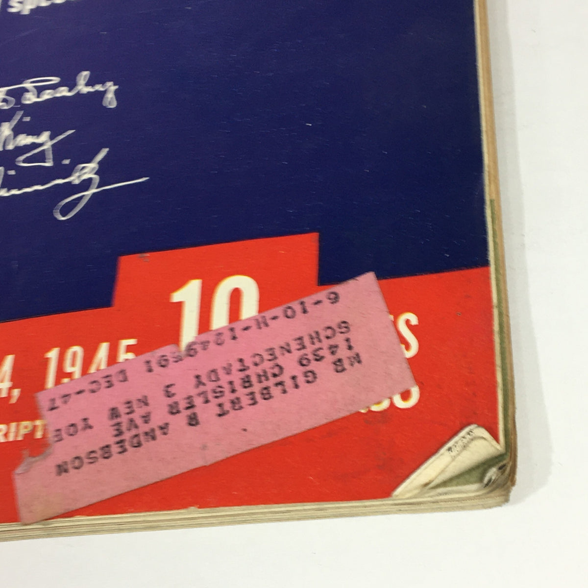 Close-up of the address label on VTG Life Magazine June 4, 1945 Vol 18 #23, showing subscription details and historical artifacts.