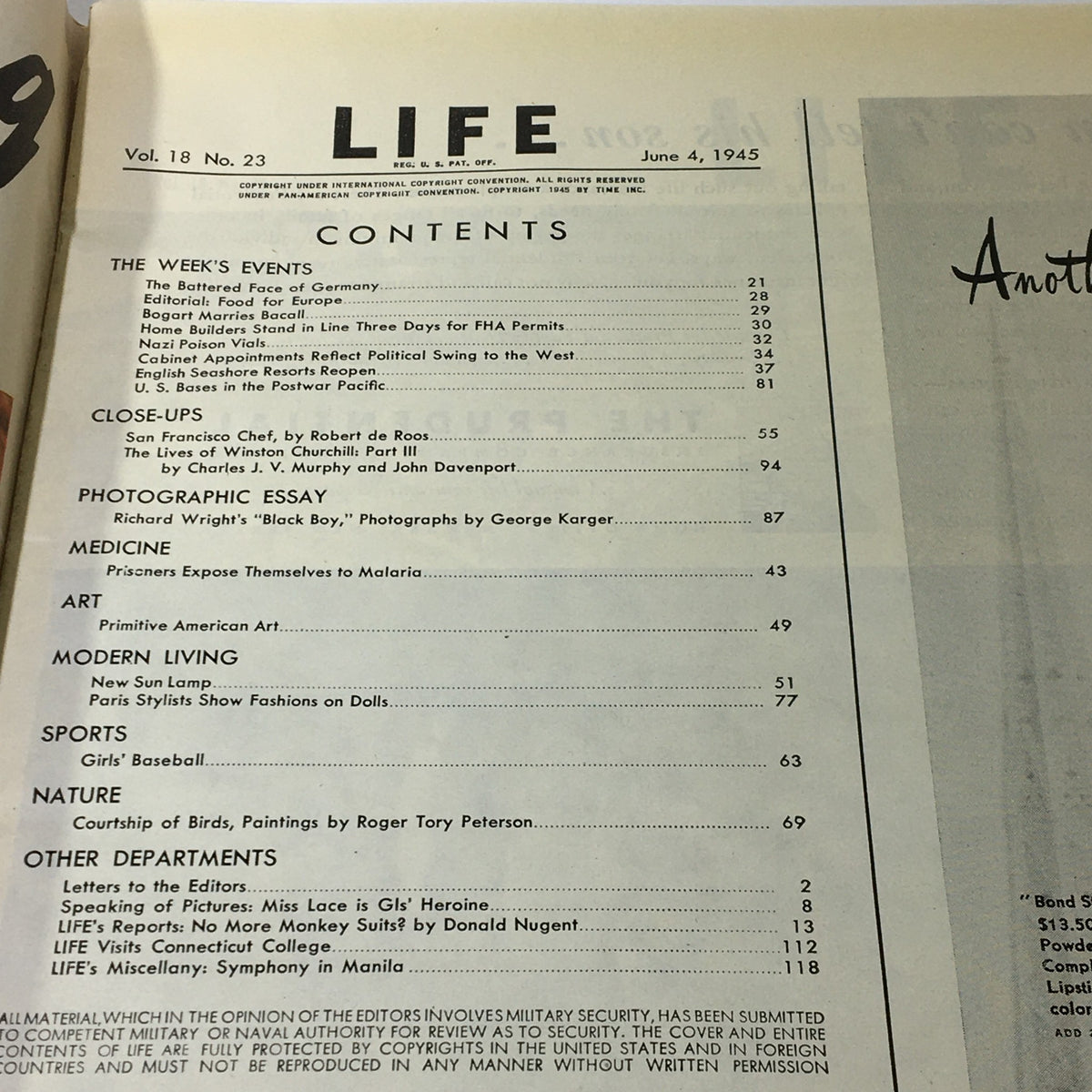Contents page of VTG Life Magazine June 4, 1945 Vol 18 #23, outlining the features, articles, and essays within the issue.