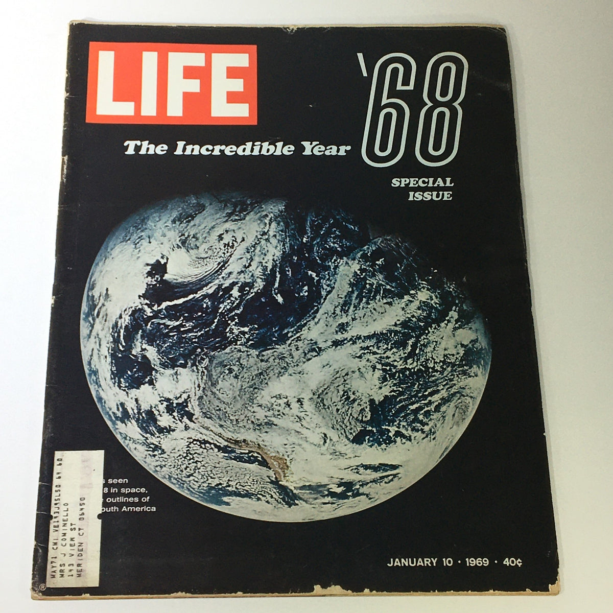 Cover of VTG Life Magazine January 10 1969 featuring the Apollo 8 mission in space over Earth, showcasing a stunning view of the planet.