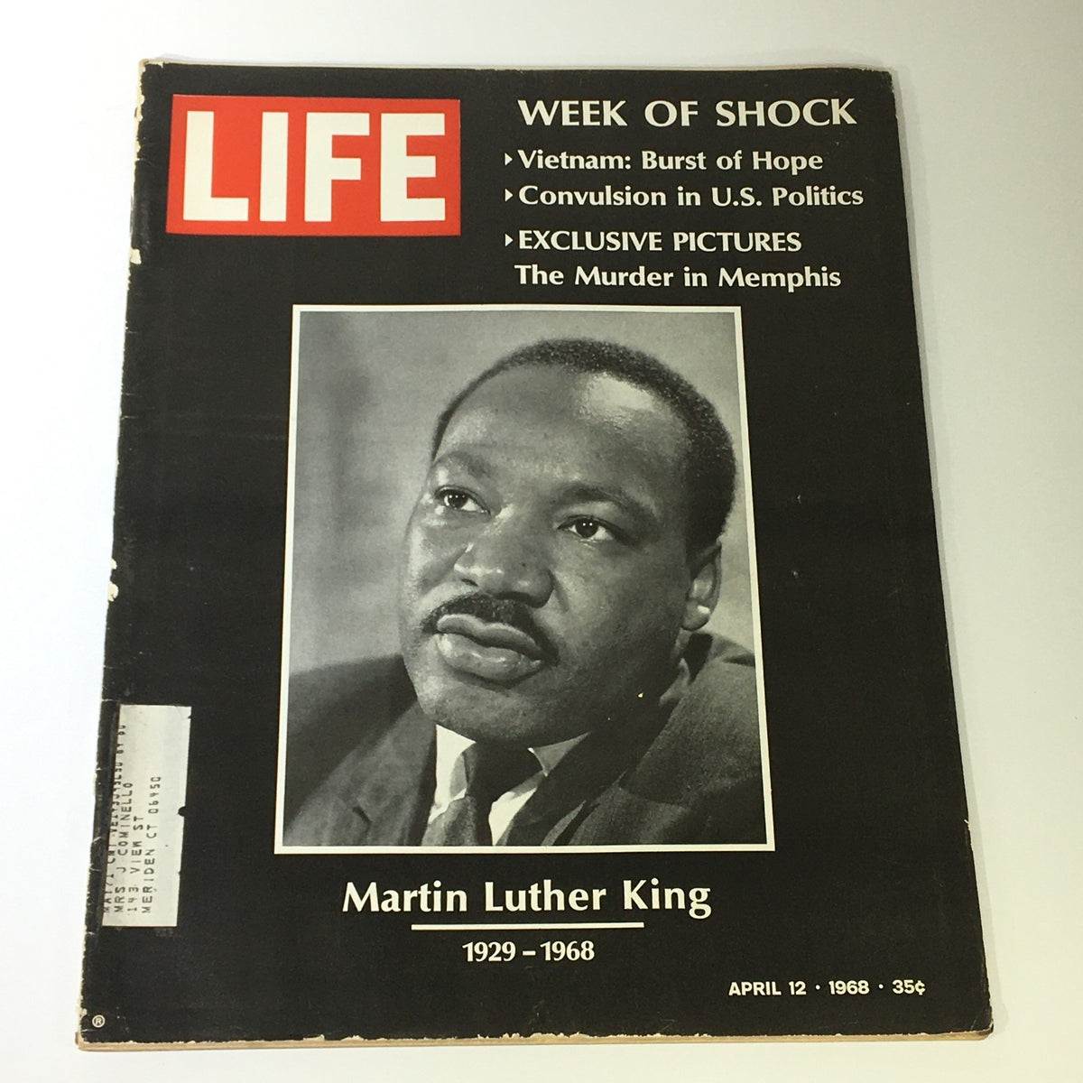 Vintage Life Magazine cover from April 12, 1968, featuring Martin Luther King Jr. Photo highlights his powerful presence as a civil rights leader with the impactful dates 1929-1968. A significant publication capturing a pivotal moment in American history.