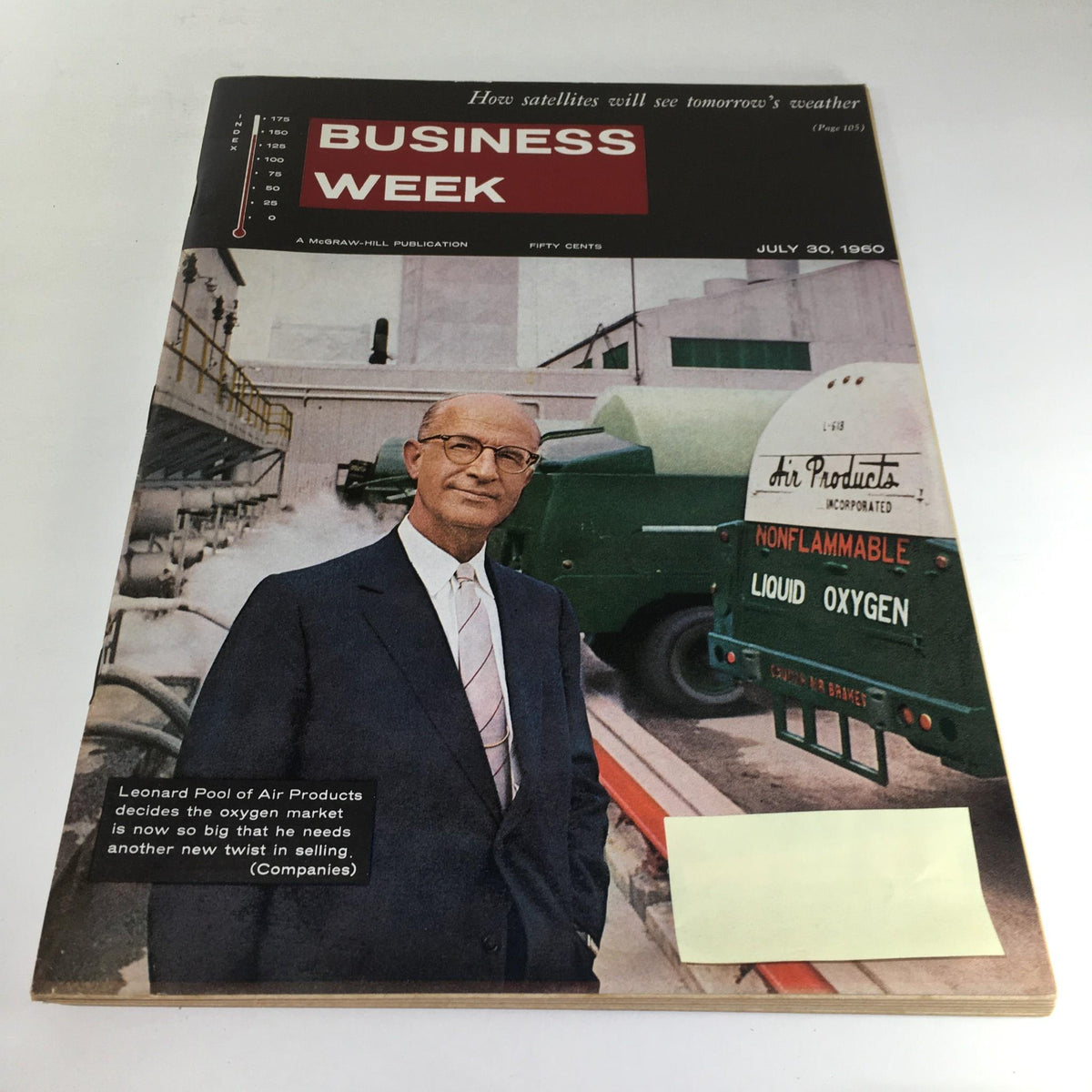 Business Week Magazine: July 30, 1960 cover featuring Leonard Pool of Air Products, showcasing the entrepreneur in front of an oxygen tanker, with an intriguing headline about the growing oxygen market.