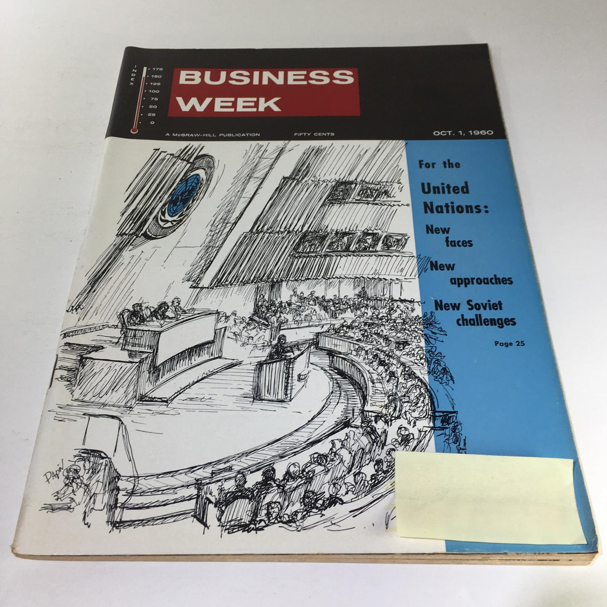 Cover of Business Week Magazine from October 1, 1960, featuring an illustration of a United Nations meeting with the headline 'For the United Nations: New faces, New approaches, New Soviet challenges'