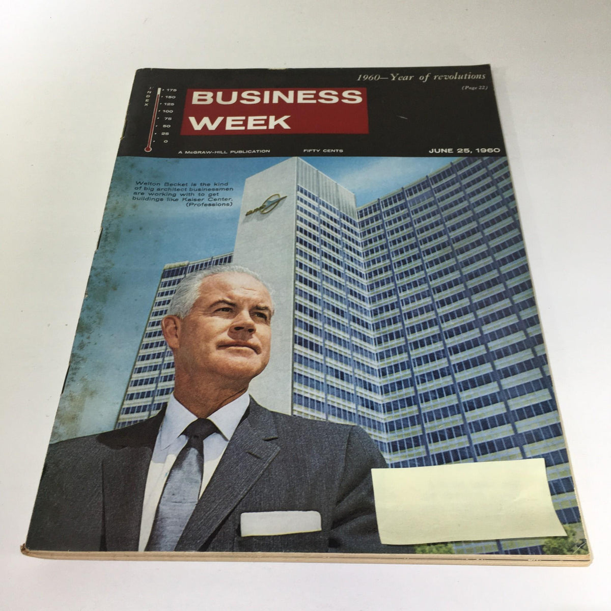 Cover of Business Week Magazine: June 25, 1960 featuring an illustrated portrait of architect Welton Becket in front of a modern building, reflecting 1960s architectural trends.