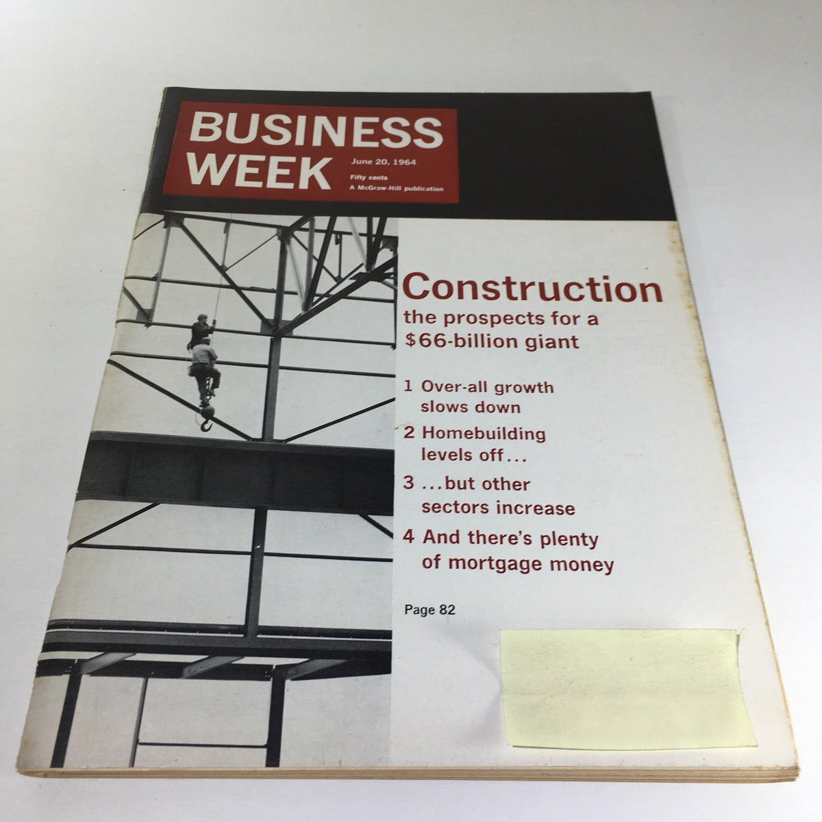 Cover of Business Week Magazine dated June 20, 1964, featuring the headline 'Construction: The Prospects For A $66-Billion Giant'. The magazine cover includes a black and white image of a worker on a construction site and lists key topics such as overall growth, homebuilding trends, and mortgage money availability.