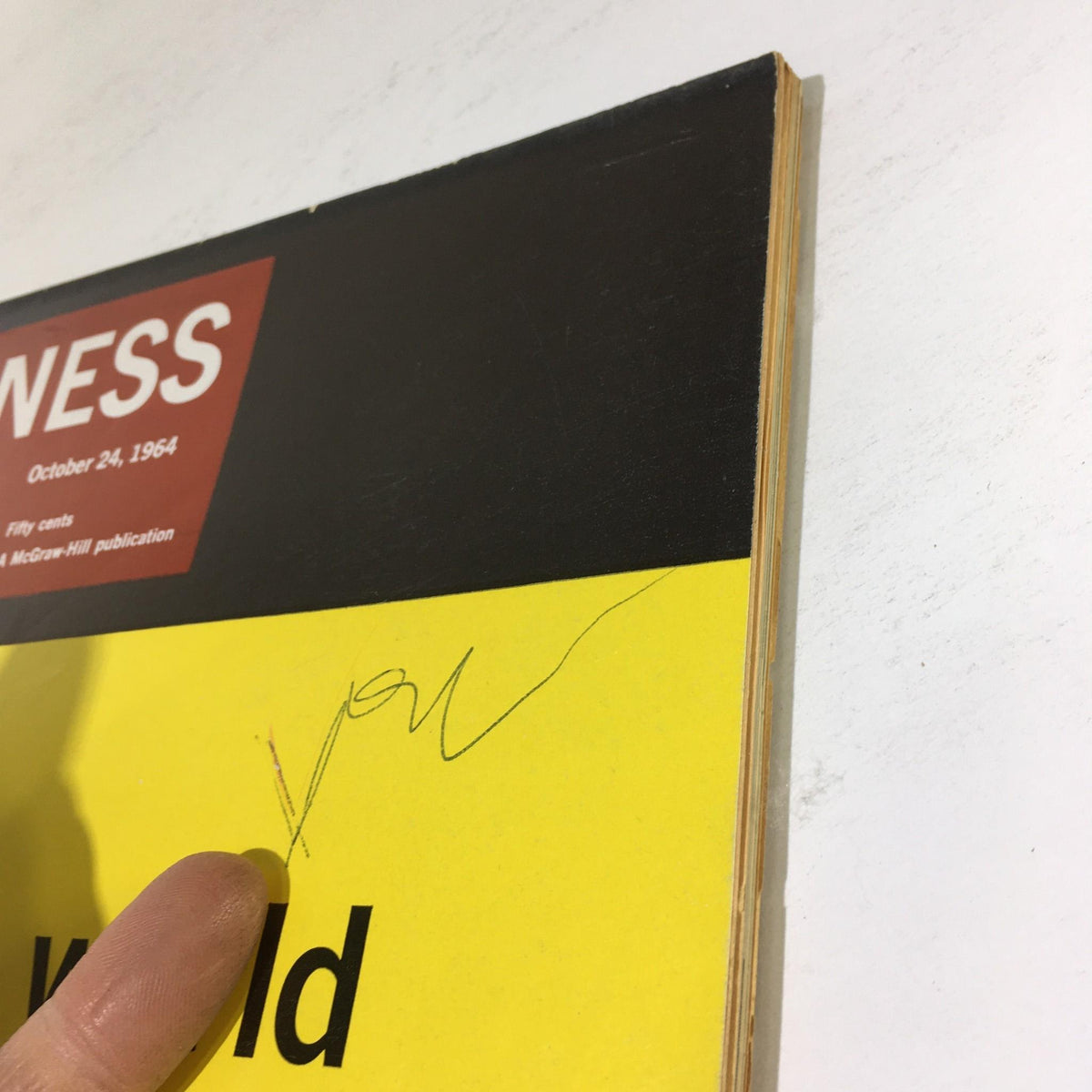 Close-up view of the Business Week Magazine Cover dated October 24, 1964, highlighting the text 'Changing World' and inscription.