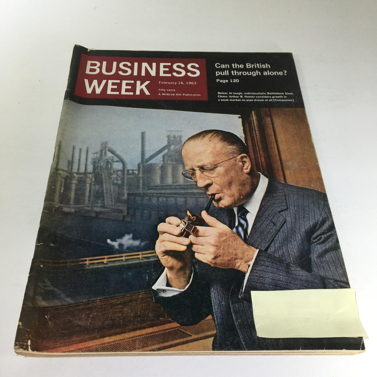 Cover of Business Week Magazine dated February 16, 1963, featuring a man in a suit smoking a pipe, with an industrial background and the headline discussing British economic efforts.
