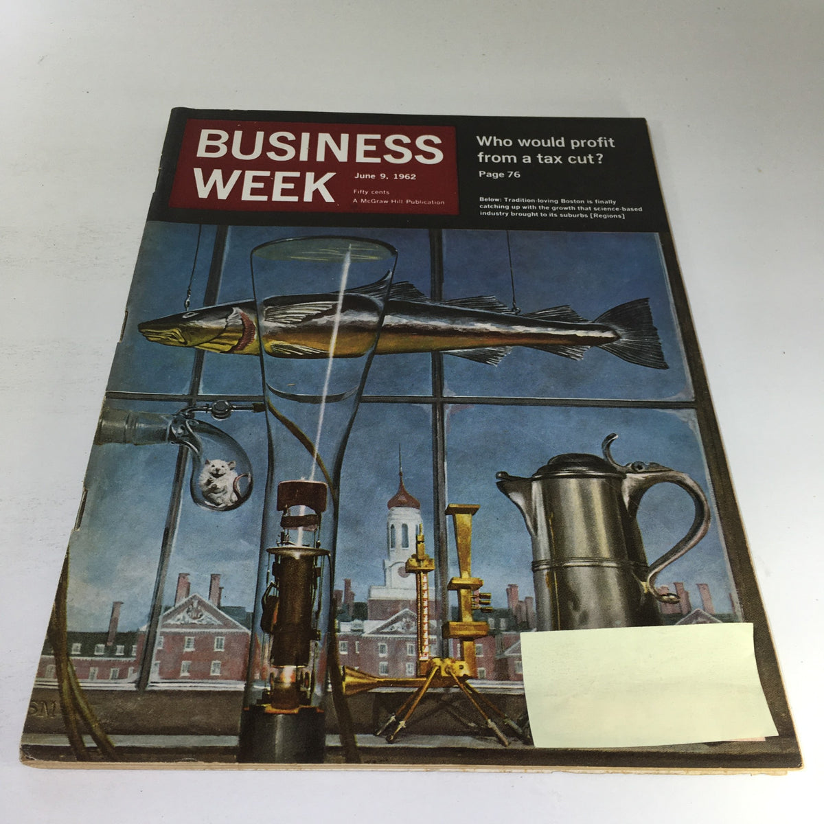 Cover of Business Week Magazine from June 9, 1962, featuring a striking illustration of a fish and various scientific instruments against a backdrop of Boston's skyline. The title emphasizes the theme of 'Tradition-loving Boston', providing a glimpse into the cultural and economic landscape of the era.