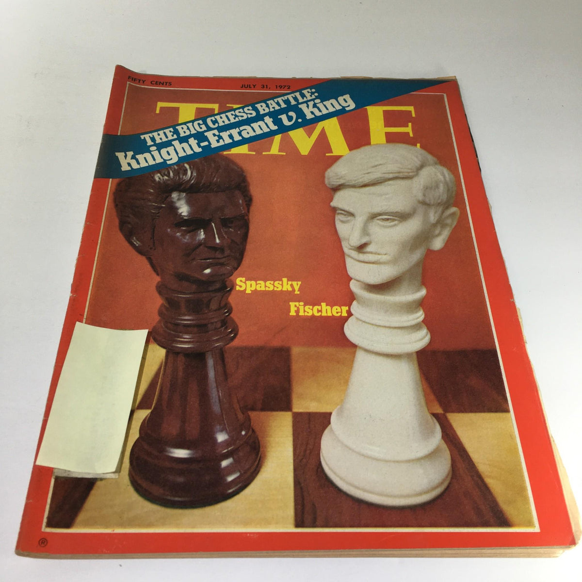Time Magazine cover from July 31, 1972, featuring 'The Big Chess Battle: Spassky & Fischer' with chess pieces representing Boris Spassky and Bobby Fischer. Highlights the epic chess match during the Cold War era.