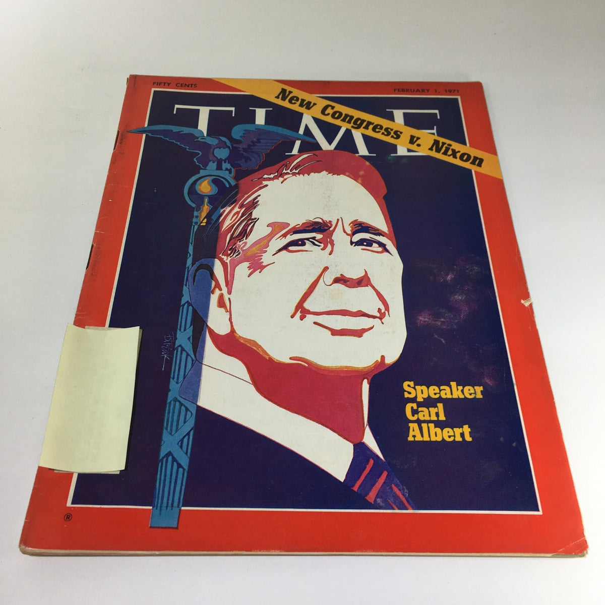 Cover of Time Magazine from February 1, 1971, featuring Speaker Carl Albert and the headline 'New Congress v. Nixon'. The cover showcases a colorful illustration of Carl Albert against a background depicting political themes of the early 1970s.