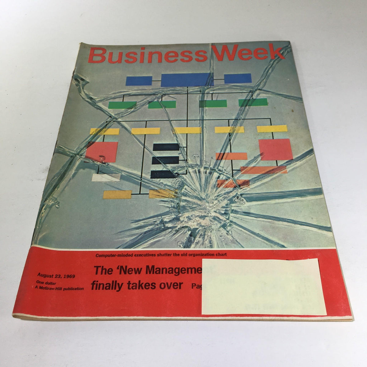 Cover of Business Week Magazine from August 23, 1969, featuring the title 'The New Management Finally Takes Over.' The cover displays a colorful organizational chart graphic with a cracked glass effect, emphasizing the evolution of corporate management.