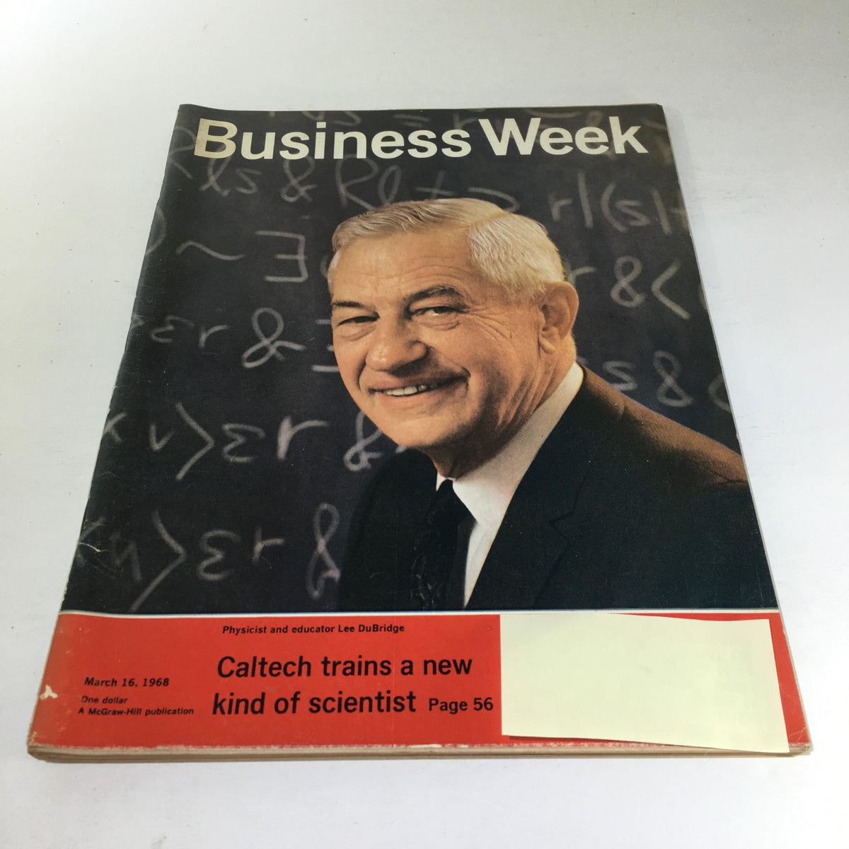 Business Week Magazine cover from March 16, 1968 featuring physicist and educator Lee DuBridge. The cover highlights the topic 'Caltech trains a new kind of scientist' along with a smiling portrait of DuBridge, set against a backdrop of mathematical symbols.