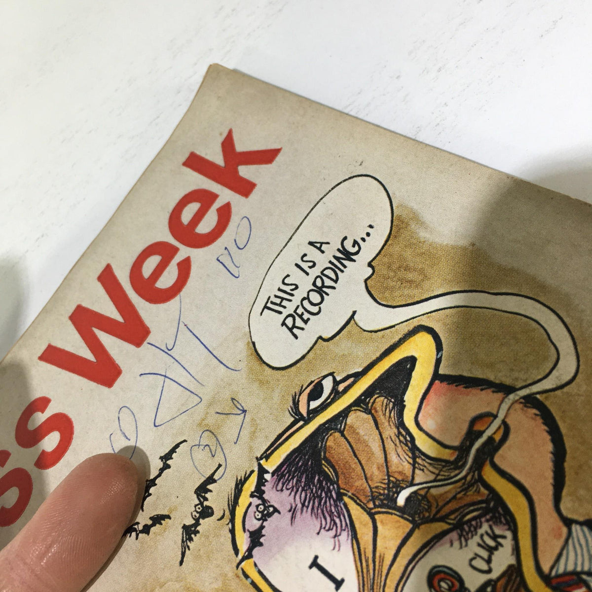 Close-up of the cover of Business Week Magazine from August 3, 1968, featuring the title 'The Men Who Really Run Washington', with a whimsical illustration and handwritten notes.