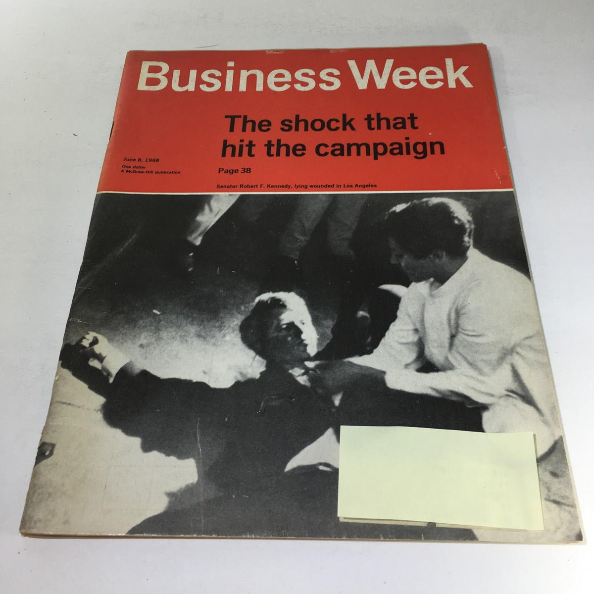 Cover of Business Week Magazine from June 8, 1968, featuring the title "The Shock That Hit The Campaign". The cover depicts a historical moment with a dramatic image related to Senator Robert F. Kennedy. Ideal for collectors of vintage magazines and political history.