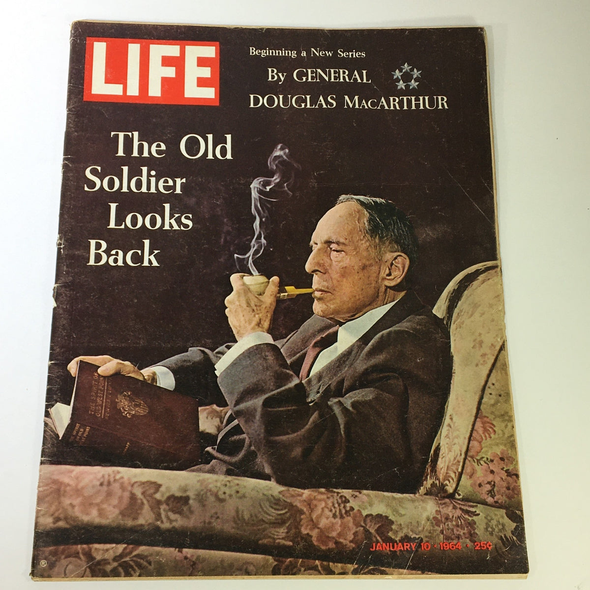 VTG Life Magazine from January 10, 1964 featuring General Douglas MacArthur on the cover, showcasing the title 'The Old Soldier Looks Back' with an image of MacArthur smoking a pipe while seated.