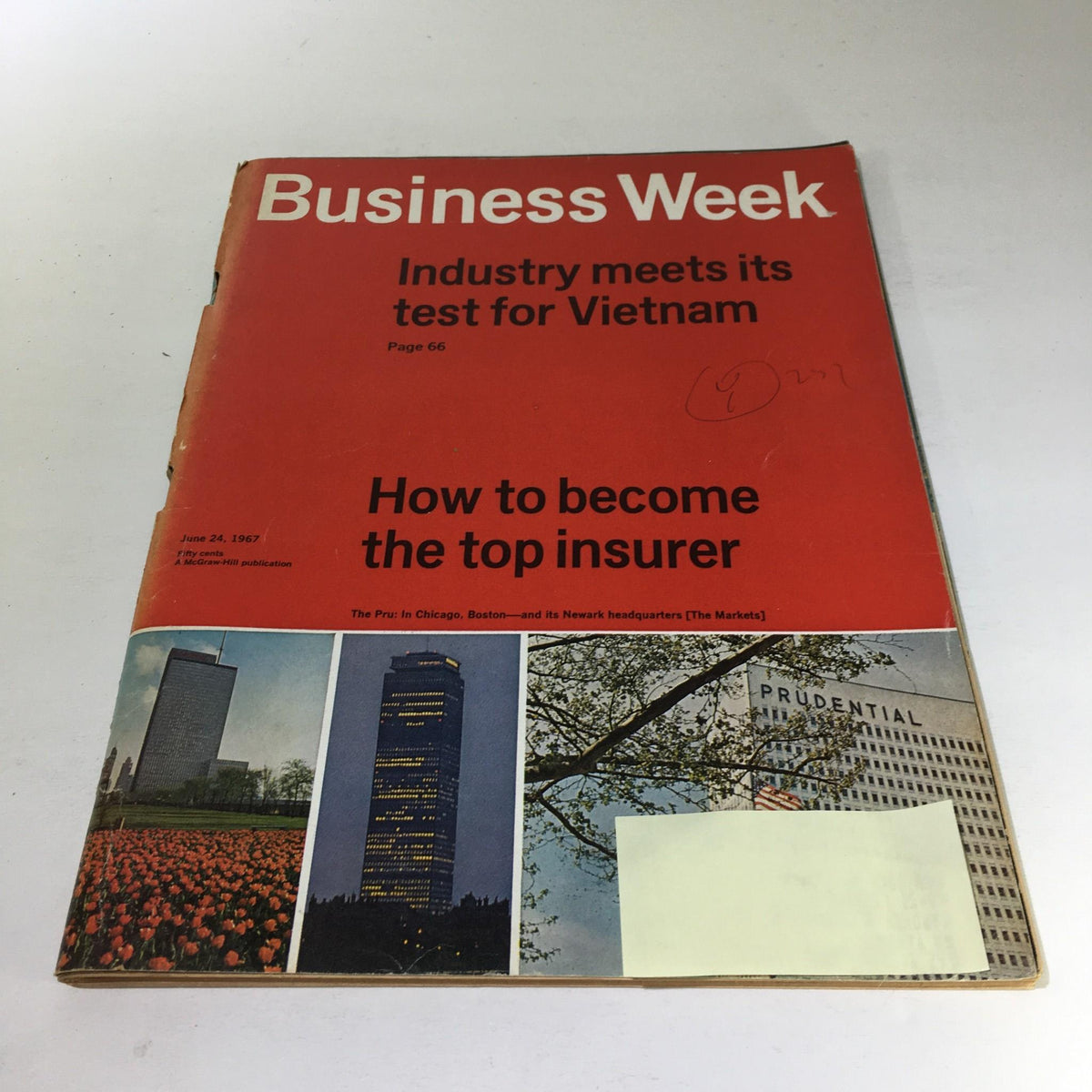 Cover of Business Week Magazine from June 24, 1967, featuring the headline 'How to Become the Top Insurer.' The magazine showcases a vibrant red background, a collection of images including tulips and skyscrapers, reflecting the business landscape of the 1960s.