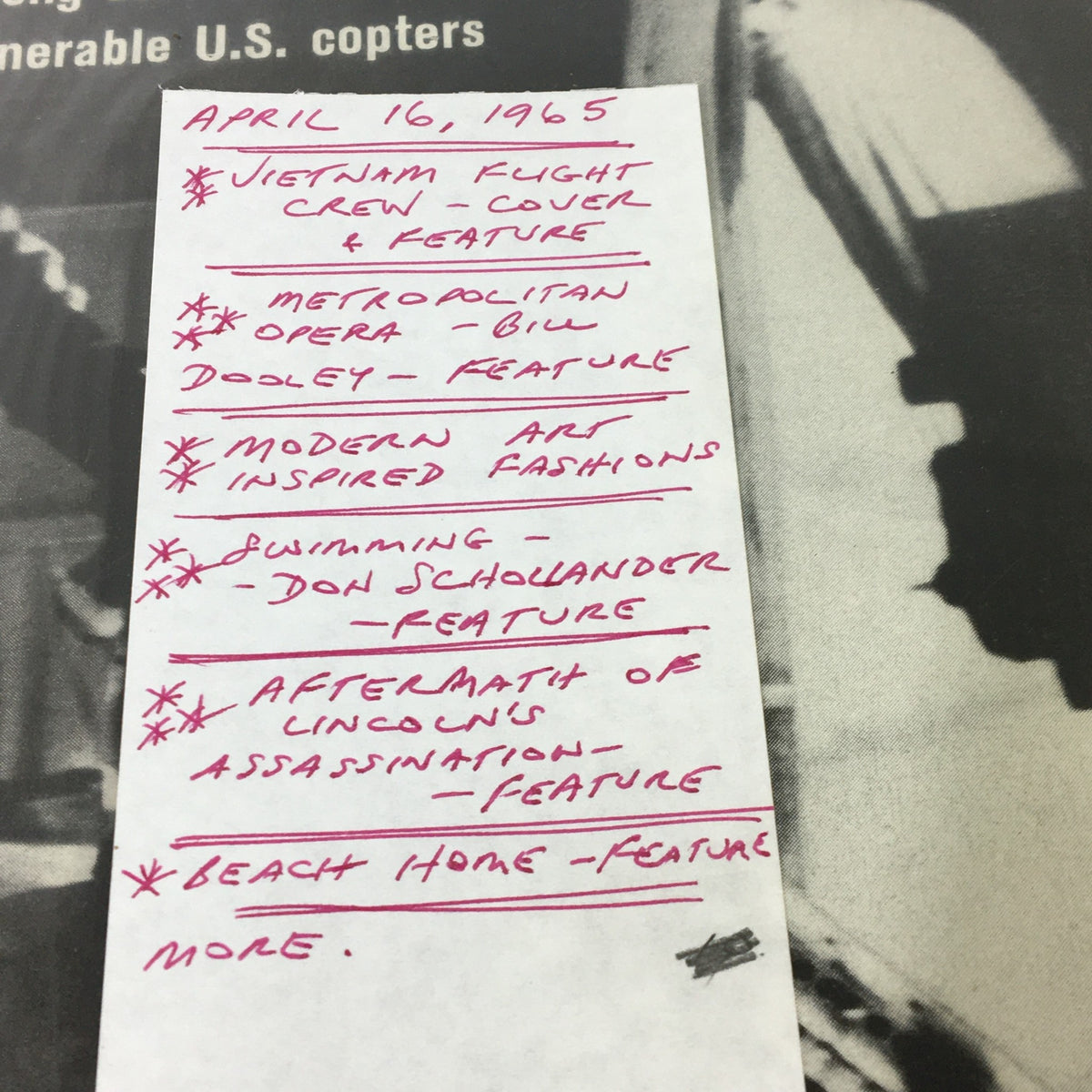 VTG Life Magazine April 16 1965 interior feature list showcasing topics including swimmer Don Schollander and various cultural pieces, written in bold pink ink on a notepad, highlighting the publication's diverse content.