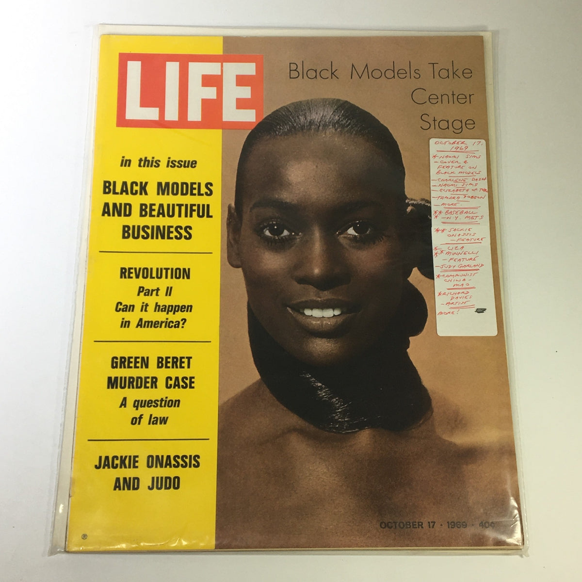 VTG Life Magazine October 17 1969 with Naomi Sims on the cover, prominently displaying articles on Black models and beautiful business along with various features.