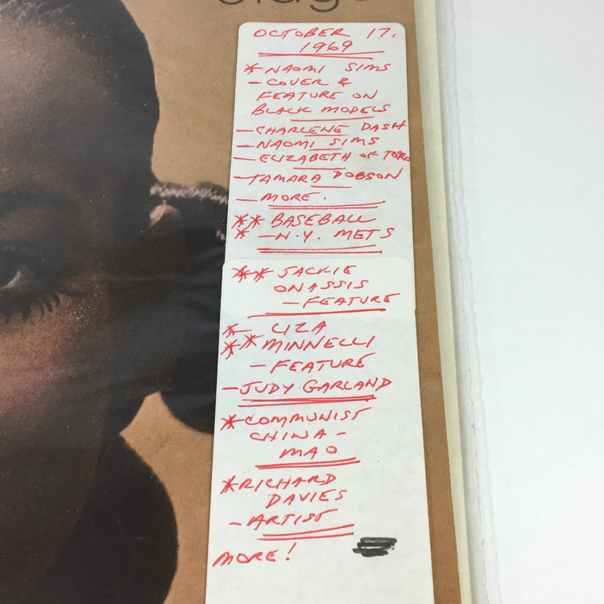 Page of VTG Life Magazine October 17 1969 showing handwritten notes, detailing the issue's features on Naomi Sims and notable personalities and topics.