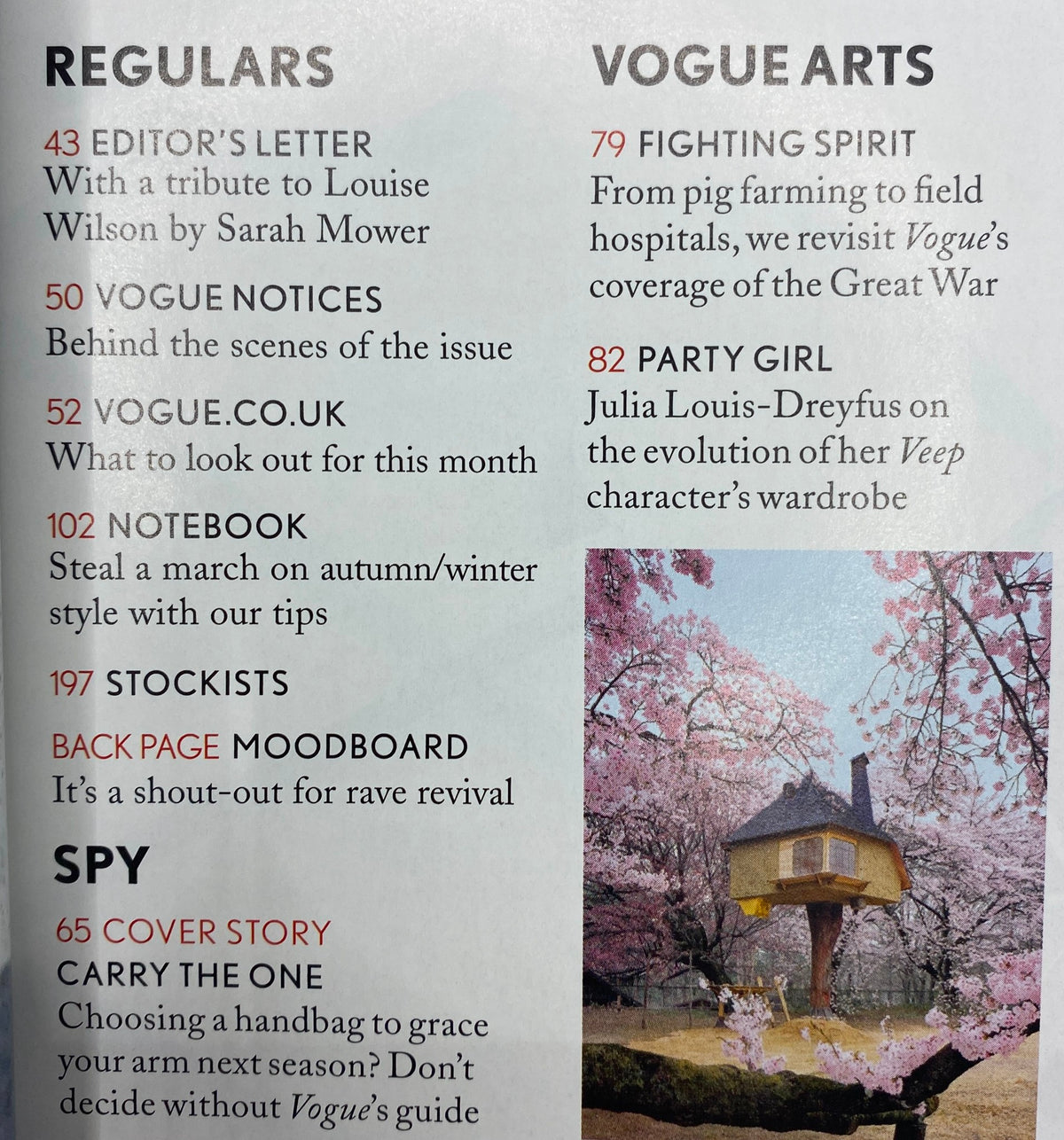 Contents page of Vogue UK Magazine August 2014, highlighting features such as 'Editor's Letter' and 'Vogue Arts', including a tribute and fashion tips.