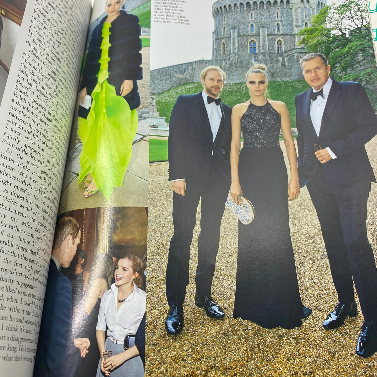 Inside spread of Vogue UK Magazine August 2014, featuring images of a gala event with stylish attendees, showcasing evening wear and fashion editorial.