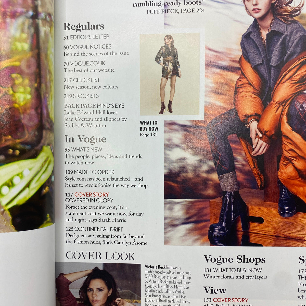 Inside page of Vogue UK Magazine October 2016, highlighting the regular features including editor's letter, notices, and the cover story on Victoria Beckham's statement coat.