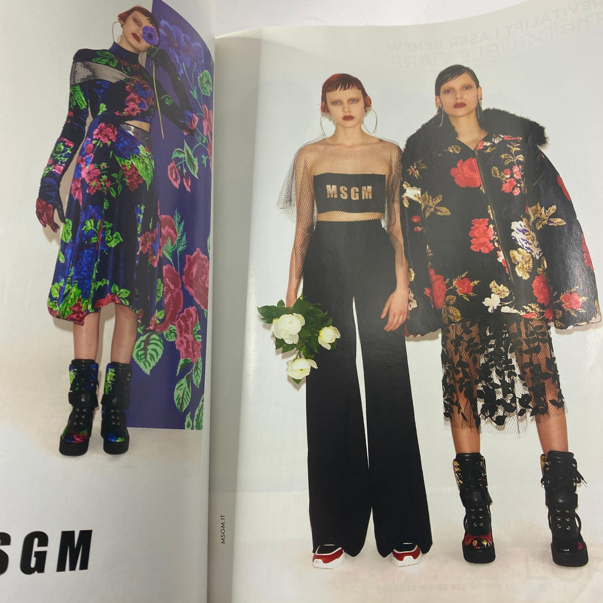 Fashion spread from Vogue UK Magazine October 2016, featuring models in floral patterns and contemporary designs from MSGM, emphasizing seasonal trends.