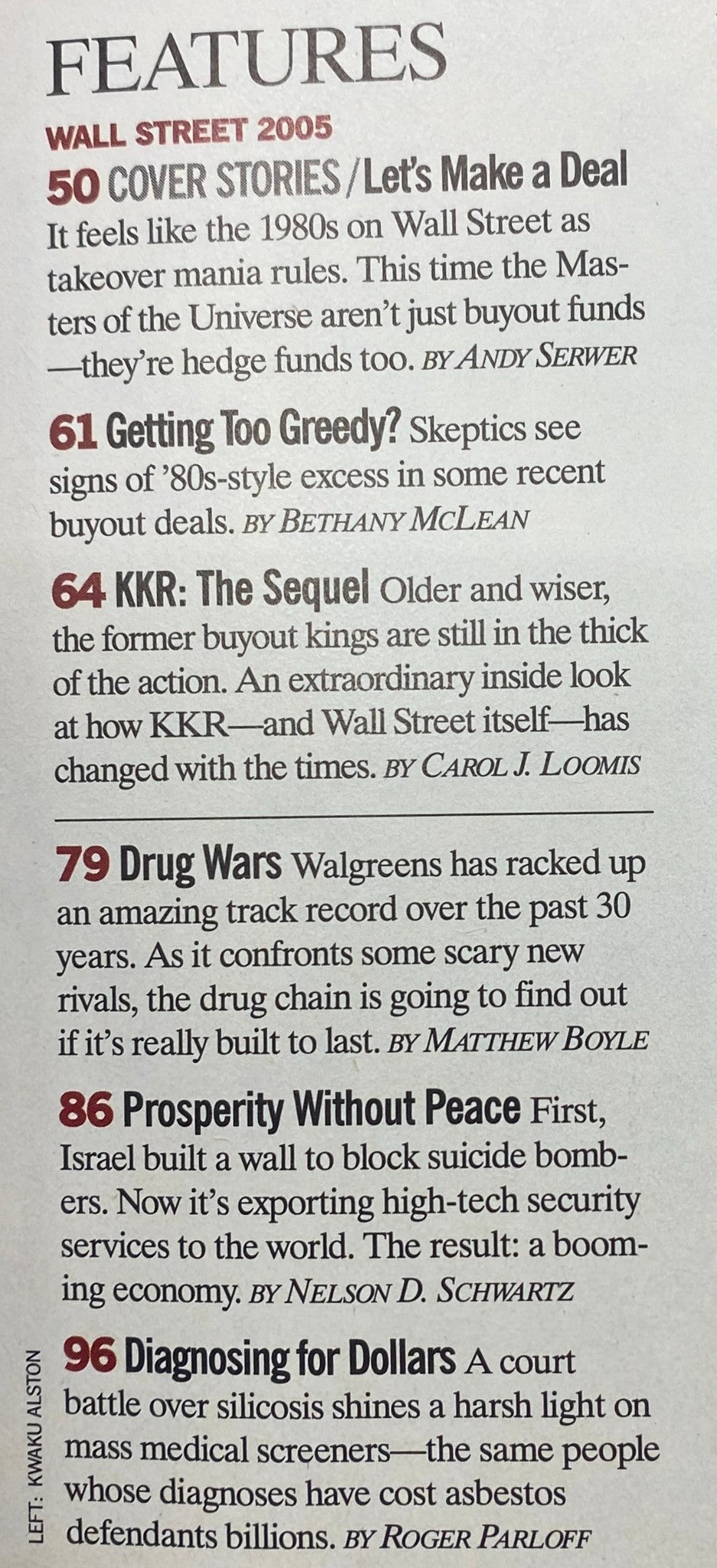 Features page from Fortune Magazine June 13, 2005, detailing topics on Wall Street, including articles like 'Getting Too Greedy?' and 'KKR: The Sequel'.