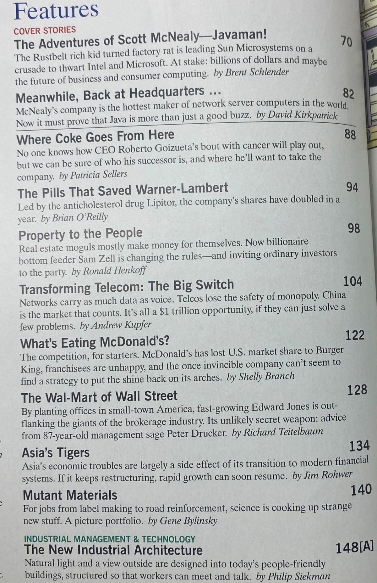 Interior page of Fortune Magazine October 13, 1997 displaying the table of contents. Feature stories include 'The Adventures of Scott McNealy—Javaman!' and insights on Coca-Cola and McDonald's.