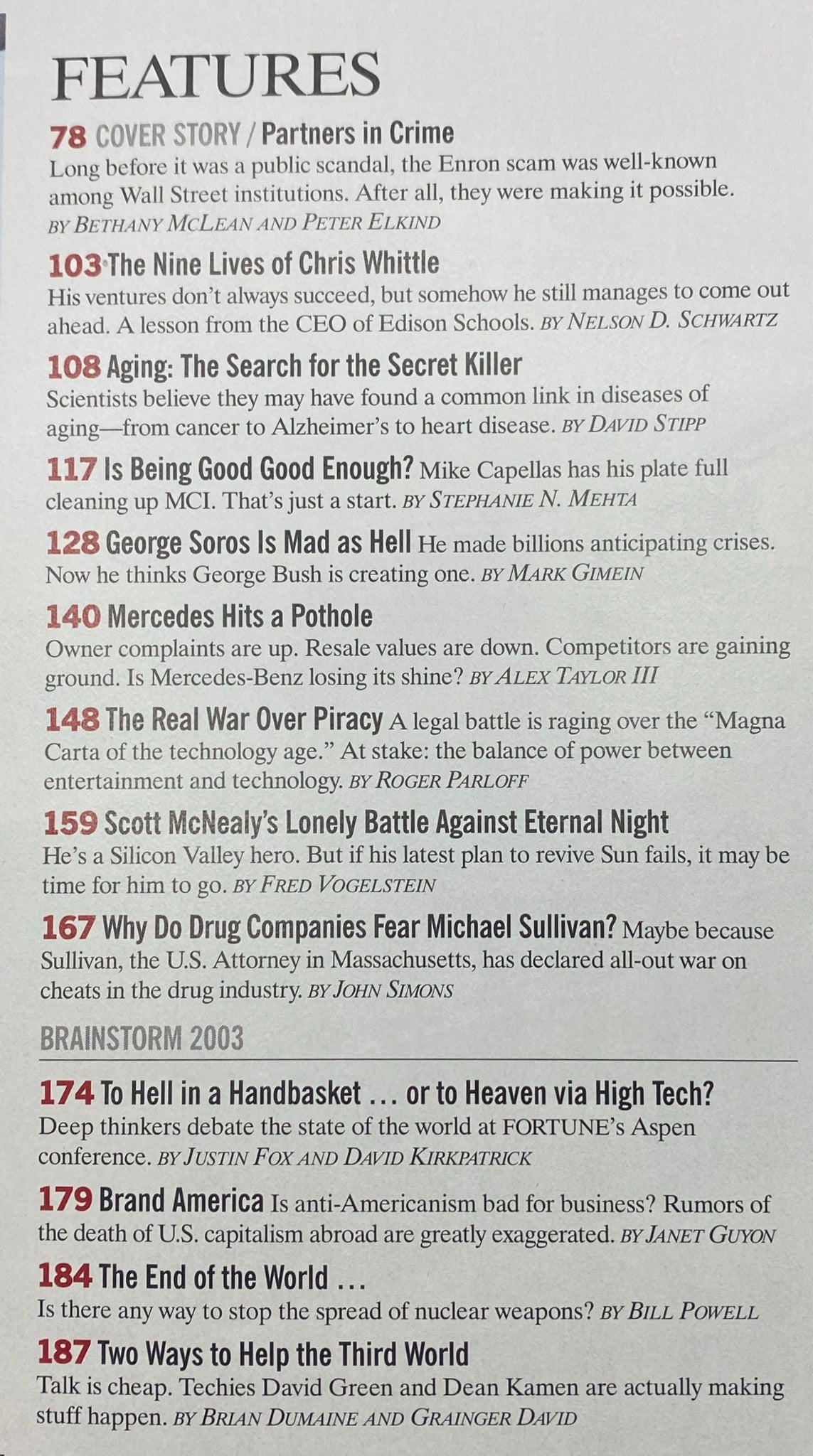 Inside features page of Fortune Magazine - October 27, 2003, highlighting articles including 'Partners in Crime' and other topics.