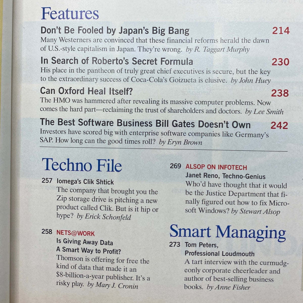 Table of contents from Fortune Magazine February 16, 1998 Investor's Guide '98 Special Issue highlighting key features and articles on Japan's economy, Coca-Cola's leadership, and software business trends.