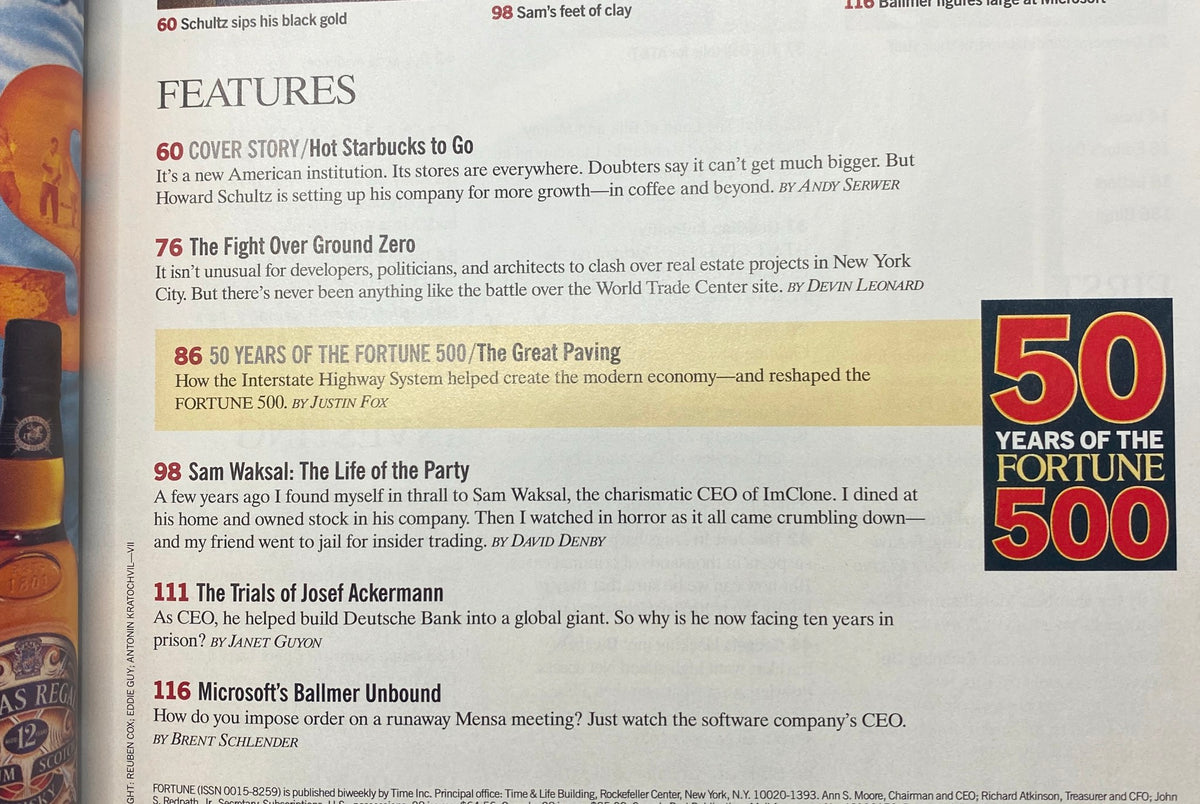 Table of contents page from Fortune Magazine January 26, 2004, highlighting articles including 'Hot Starbucks to Go' and '50 Years of the Fortune 500'.
