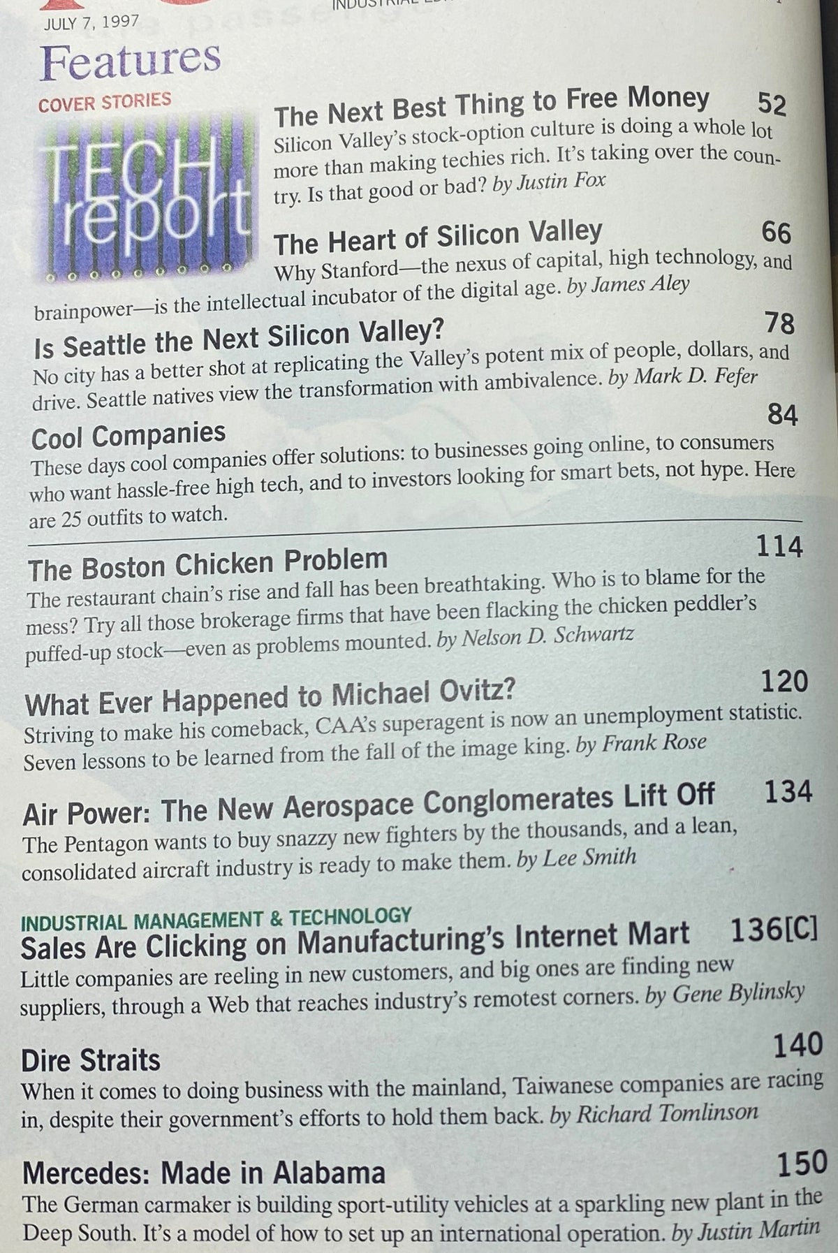 Table of contents from Fortune Magazine July 7, 1997 showcasing featured stories such as 'The Next Best Thing to Free Money' and 'Is Seattle the Next Silicon Valley?'