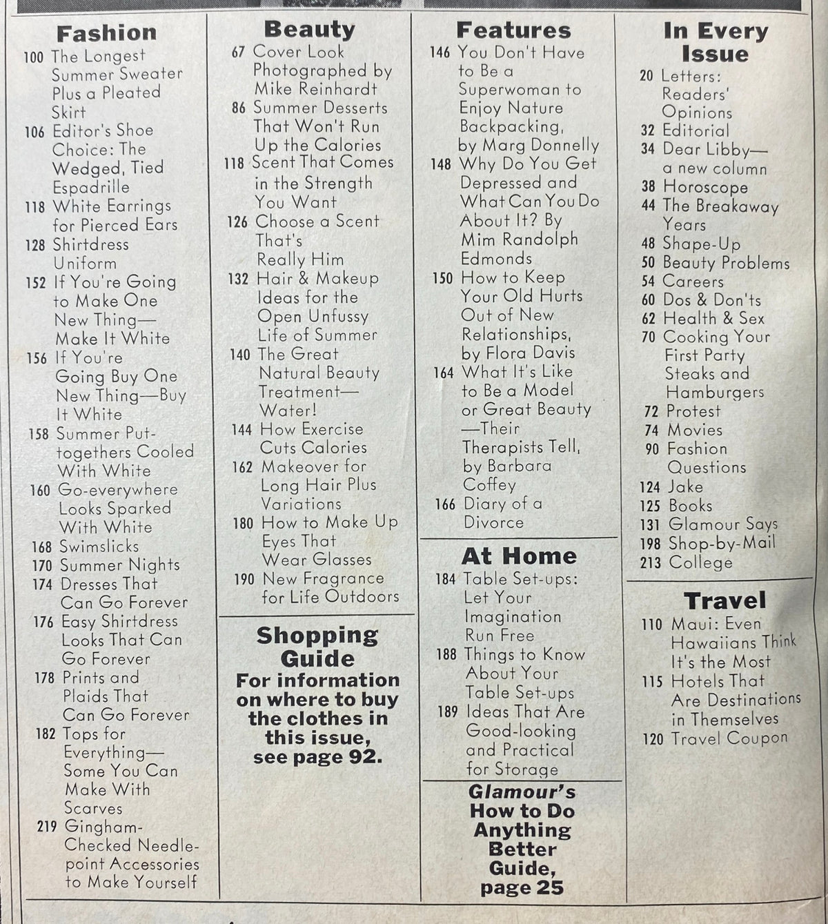 Table of contents from Glamour Magazine June 1972, highlighting articles on fashion, beauty, and personal growth topics from the 1970s.