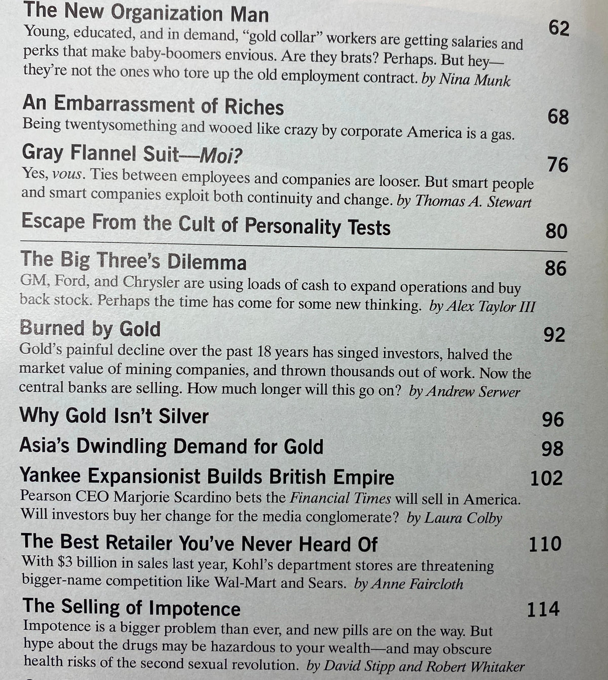 Fortune Magazine March 16, 1998 contents page showcasing articles including 'The New Organization Man,' analyzing employment trends and corporate culture during the late 1990s.