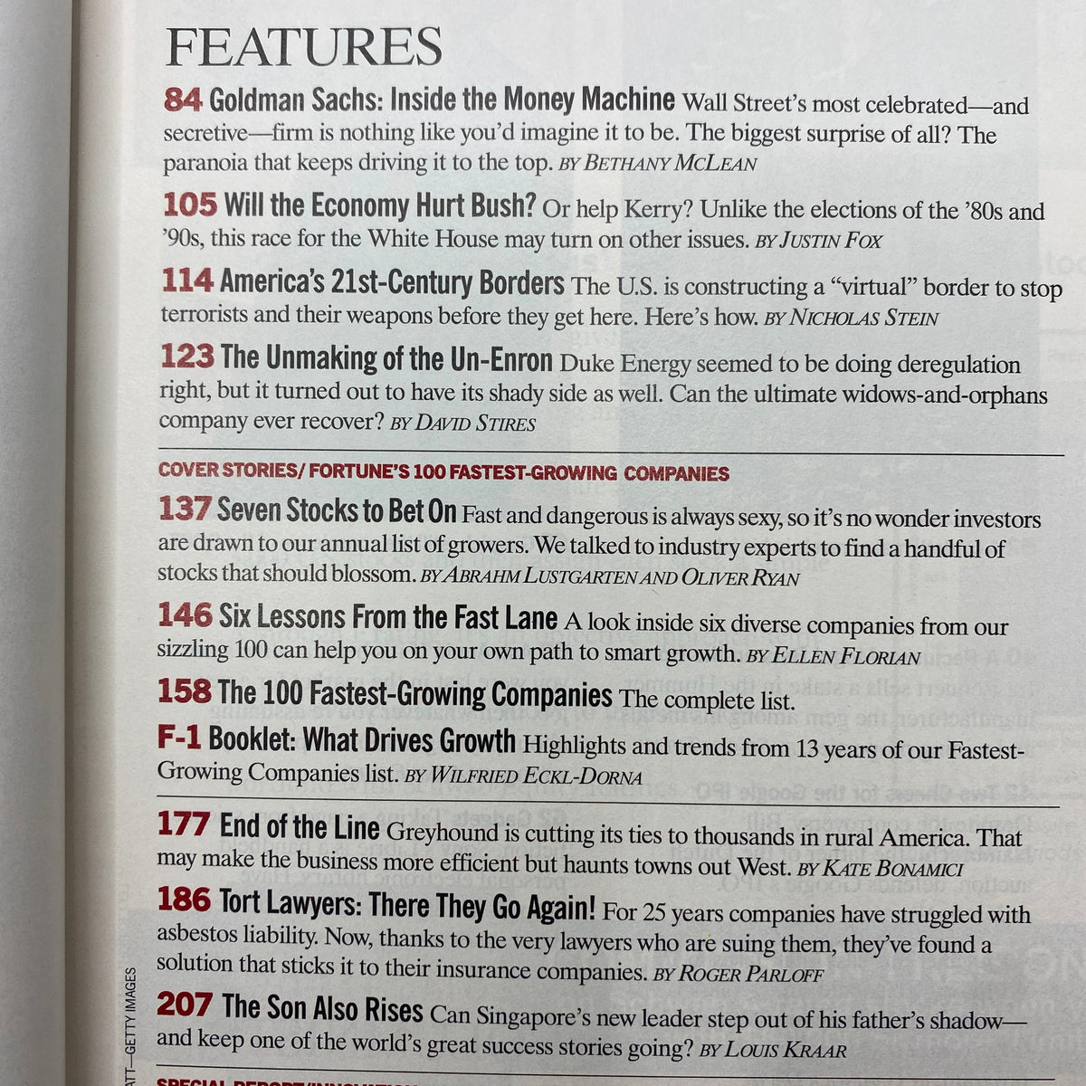 Inside pages of Fortune Magazine September 6, 2004 displaying detailed articles including 'Goldman Sachs: Inside the Money Machine' and content about the 100 fastest growing companies.