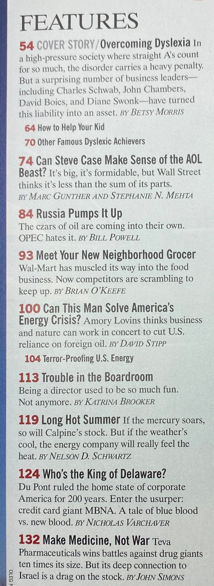 Inside page of Fortune Magazine May 13, 2002 detailing features including 'Overcoming Dyslexia' and articles on corporate topics and notable figures like Chuck Schwab.