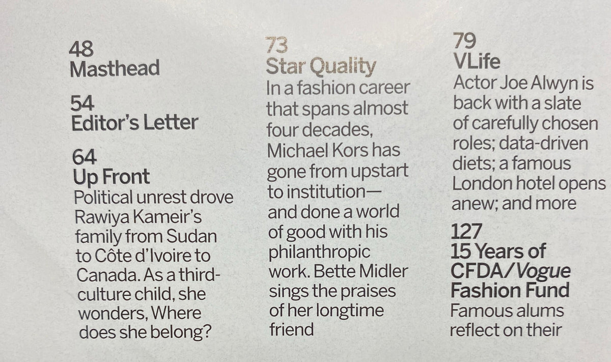 Inside page of Vogue Magazine November 2018 detailing the contents, including features on fashion and notable articles.