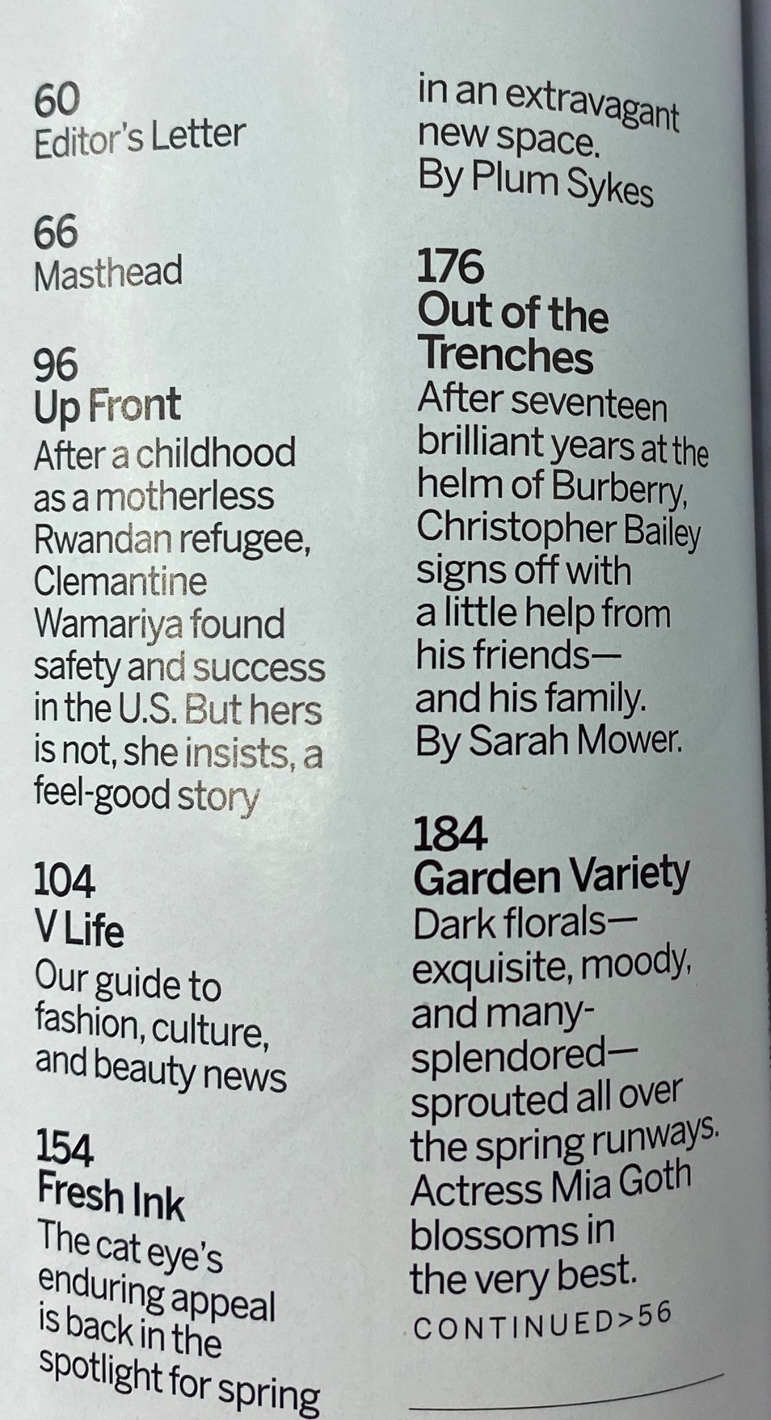 Inside page of Vogue Magazine April 2018, displaying the 'Up Front' section which covers various fashion articles, including contributions from Rwandan refugee Clemantine Wamariya.