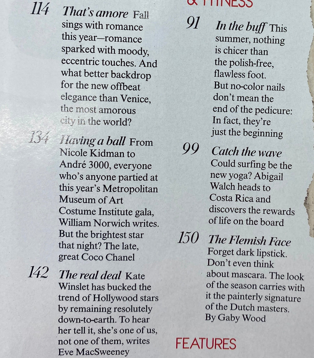 Inside page of Vogue Magazine July 2005 highlighting articles including 'That's amore' and 'Having a ball', with a focus on Kate Winslet.