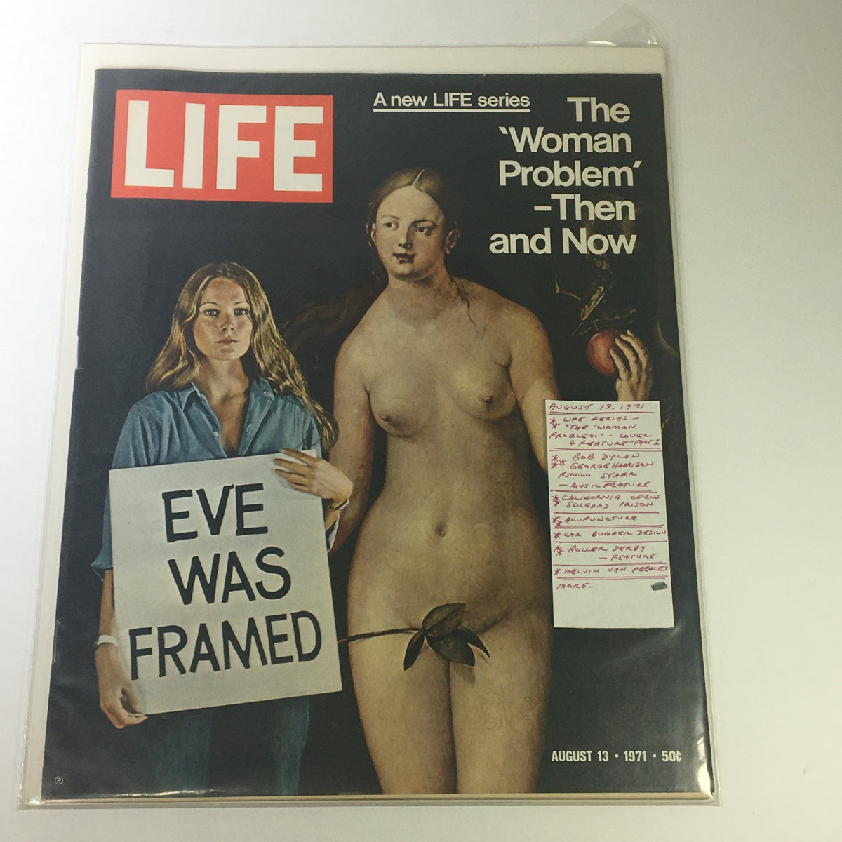 VTG Life Magazine cover from August 13, 1971, featuring 'The Woman Problem Part I,' showcasing a woman holding a sign that reads 'EVE WAS FRAMED' alongside an artistic nude image.