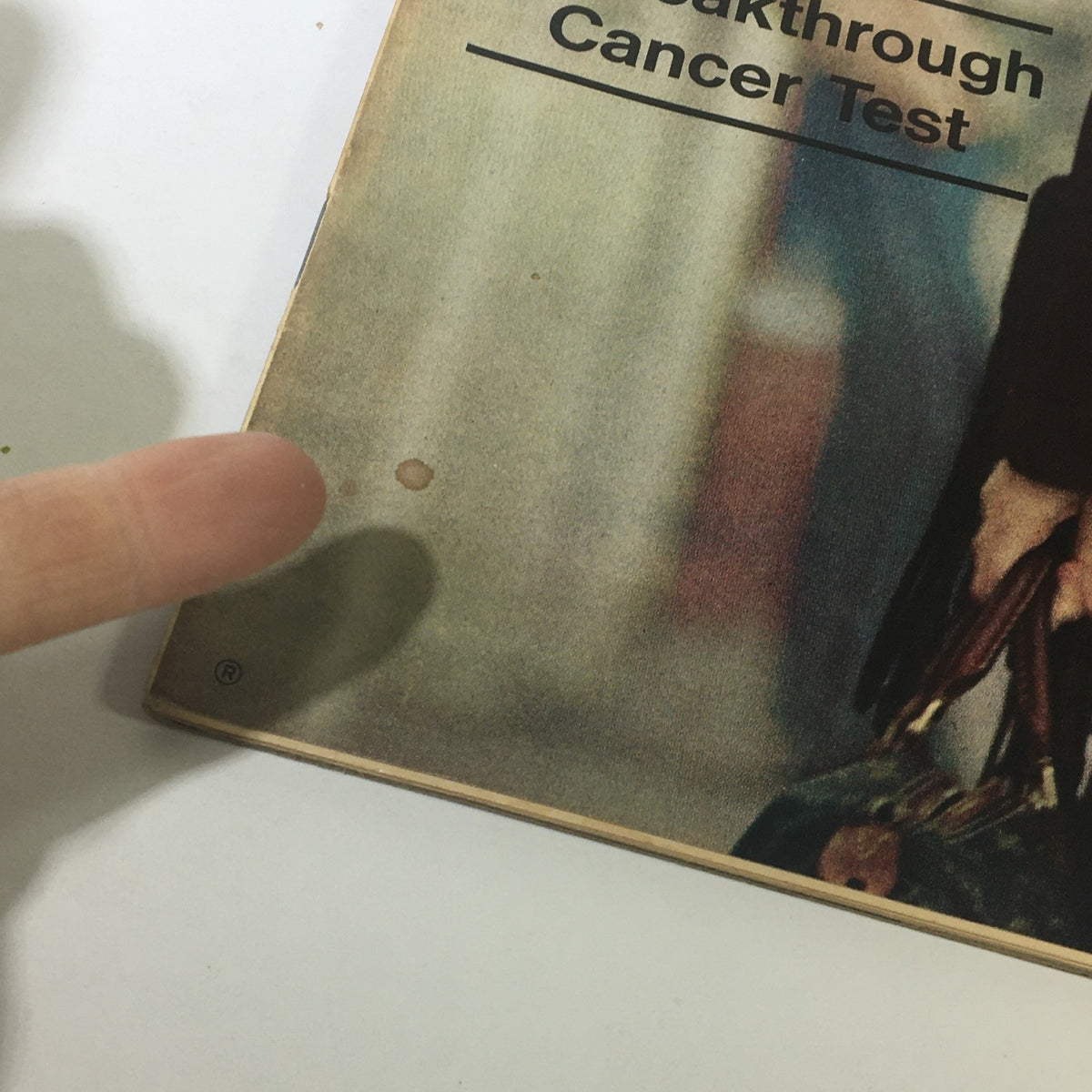 Close-up image of the cover of VTG Life Magazine April 23 1971 showing a small stain on the corner, with the main cover featuring Jane Fonda.