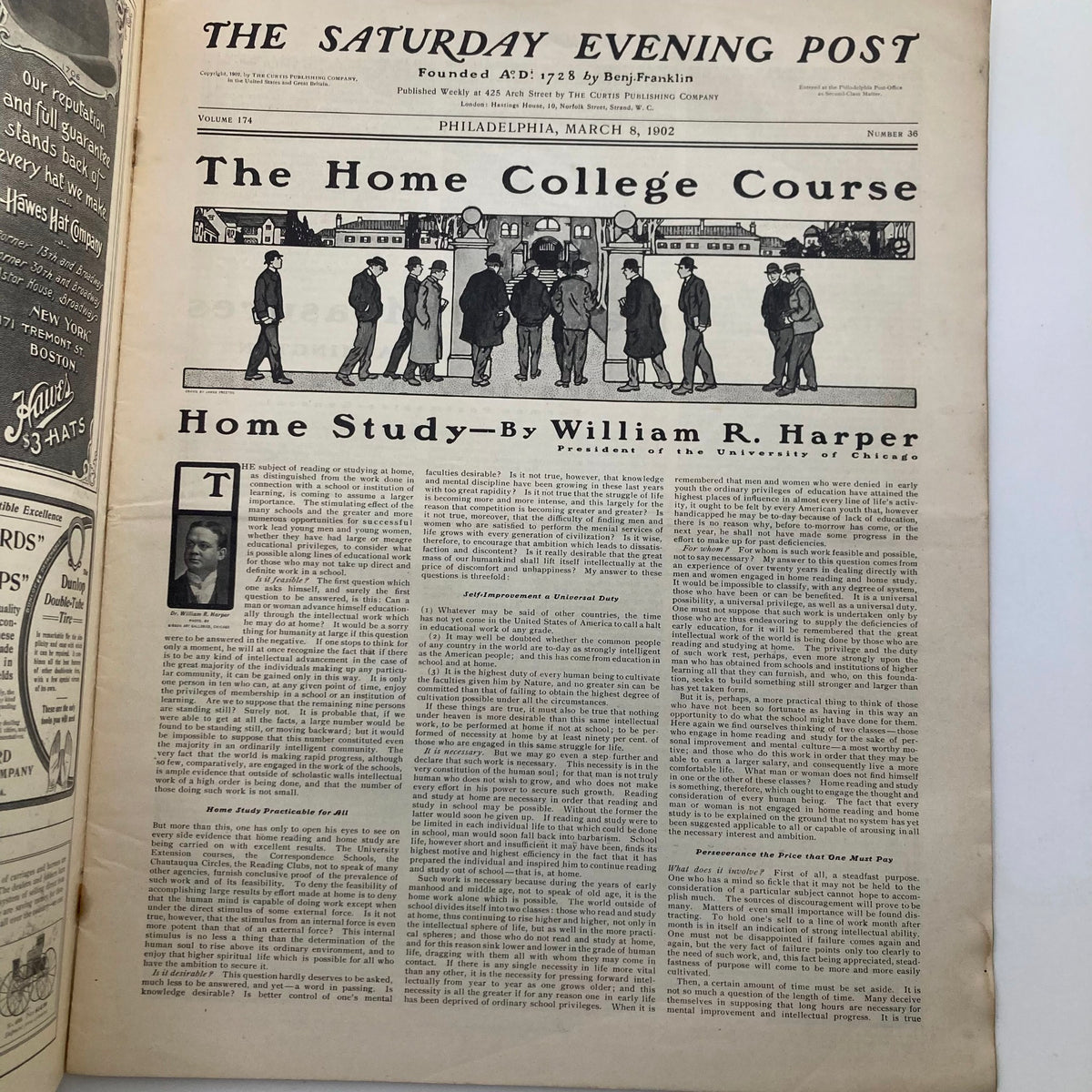 Interior page of The Saturday Evening Post March 8, 1902 displaying 'Home Study' by William R. Harper, with an illustration of people in a historical context.