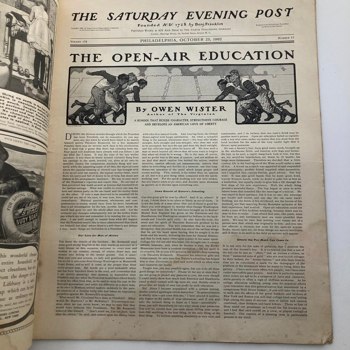 Interior page of The Saturday Evening Post from October 25, 1902, featuring an article titled 'The Open-Air Education' by Owen Wister, illustrating college life and education in the early 20th century.