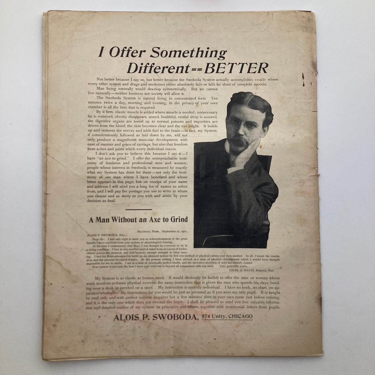 Back page of The Saturday Evening Post October 25, 1902, displaying an advertisement featuring Alois P. Swoboda and a vintage style portrait, highlighting the publication's historical context.