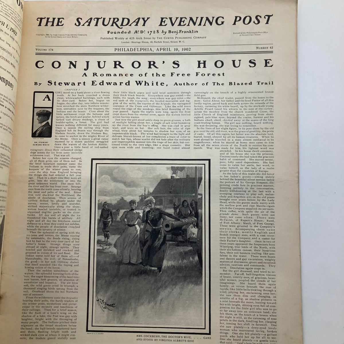 Interior page from The Saturday Evening Post April 19 1902 showcasing the article 'Conjuror's House' by Stewart Edward White with illustrations related to the narrative.