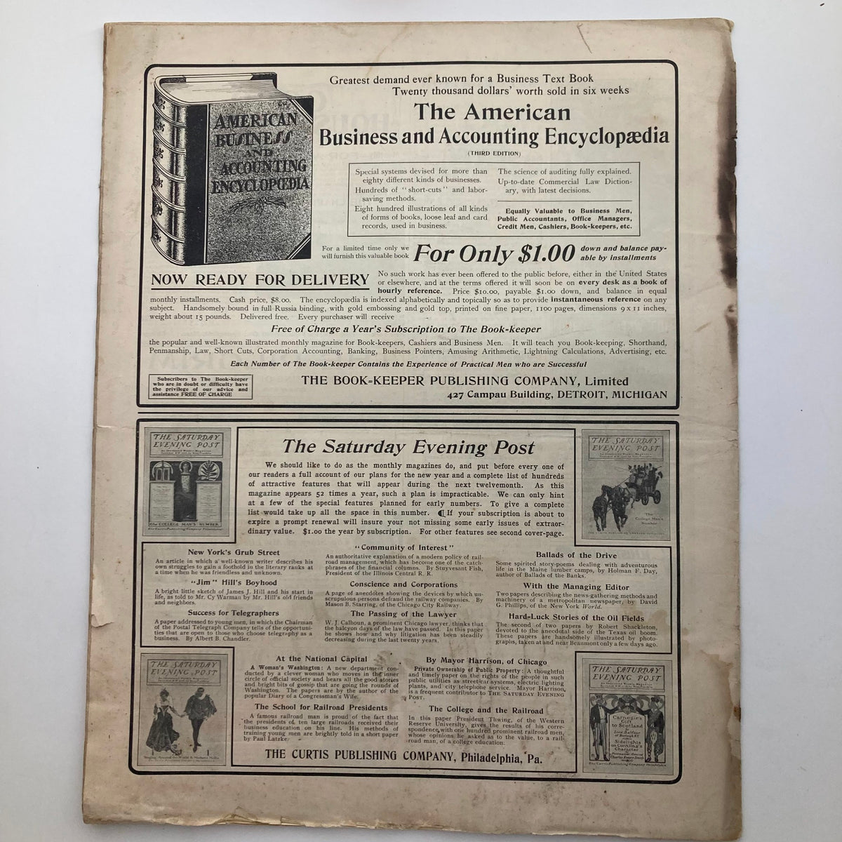 Back cover of The Saturday Evening Post December 28, 1901 showcasing advertisements including an American Business and Accounting Encyclopedia.