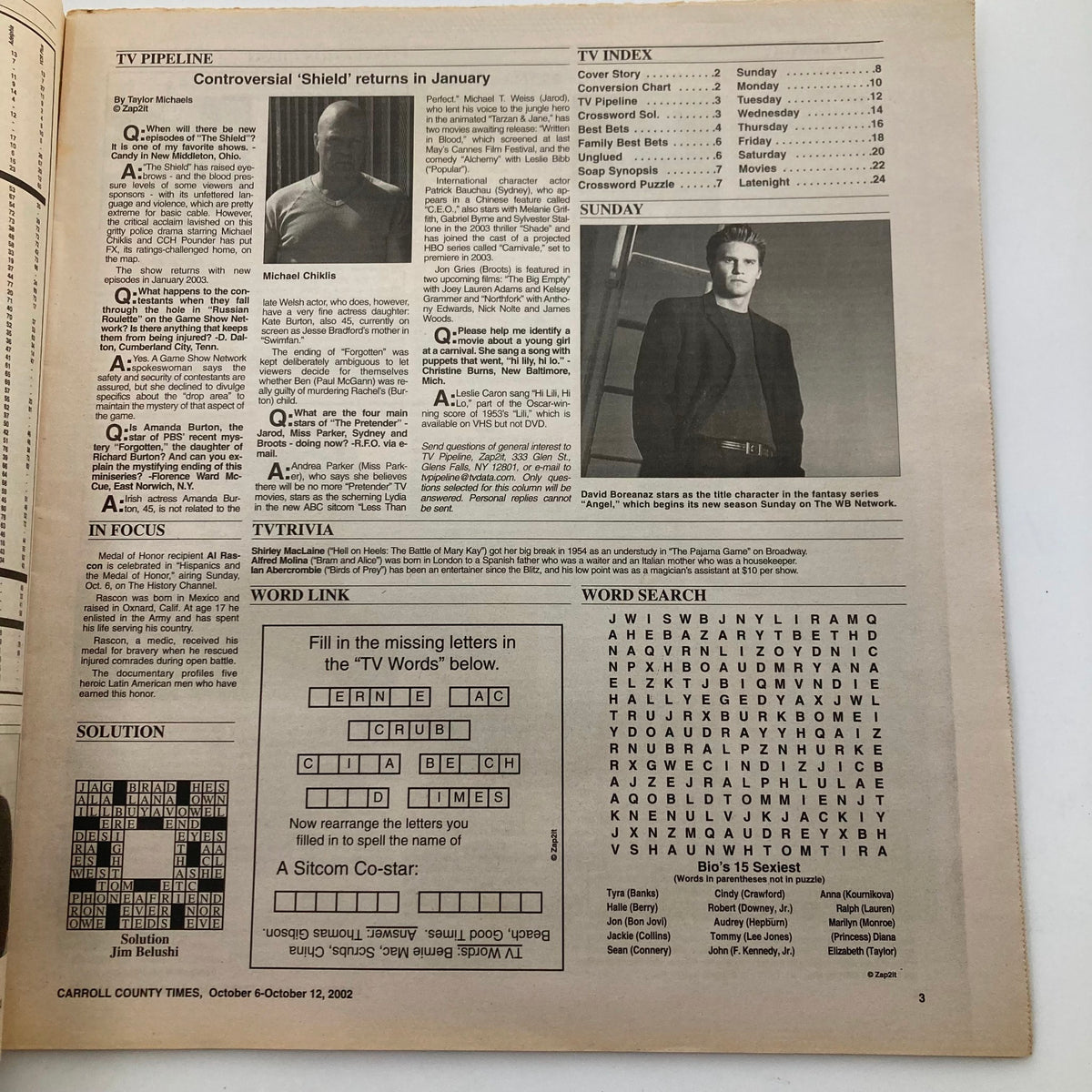 Inside page of TV Week Magazine October 6-12 2002 showcasing TV listings and a crossword puzzle.