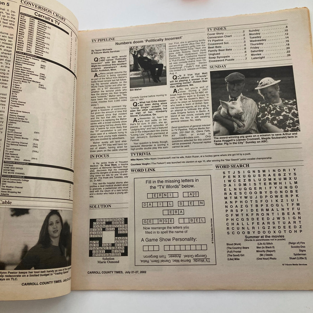 TV Week Magazine July 21 2002 interior page showcasing TV listings, questions, and crossword puzzle.