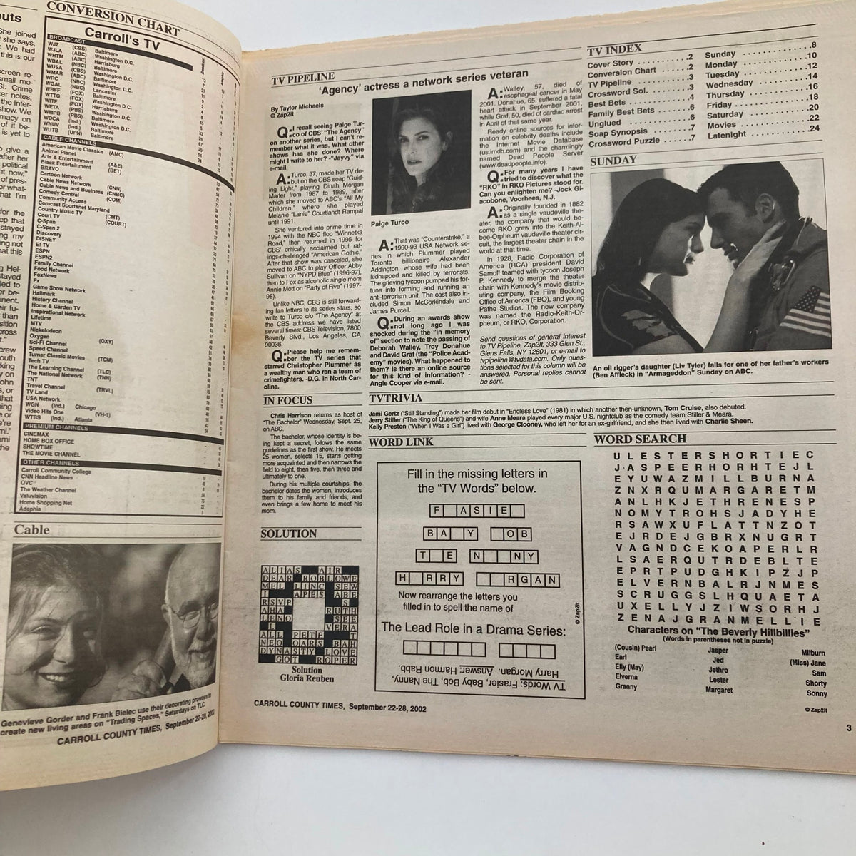 Inside page of TV Week Magazine from September 22, 2002, showcasing article sections with features on popular television series and an index.