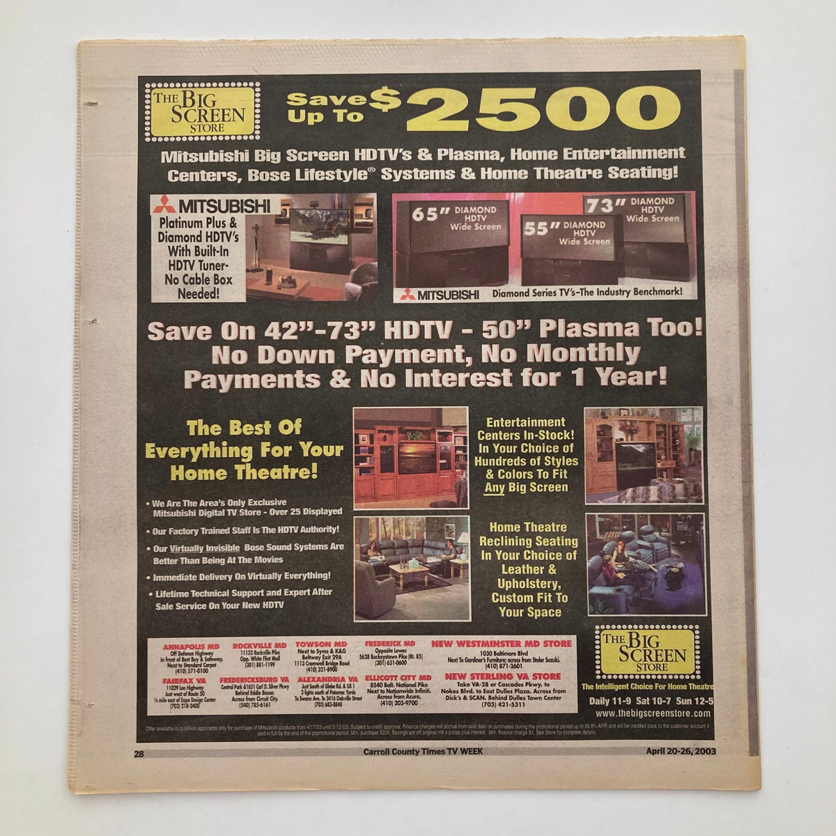 Advertisement page in TV Week Magazine April 20 2003 promoting home theater systems and HDTVs.